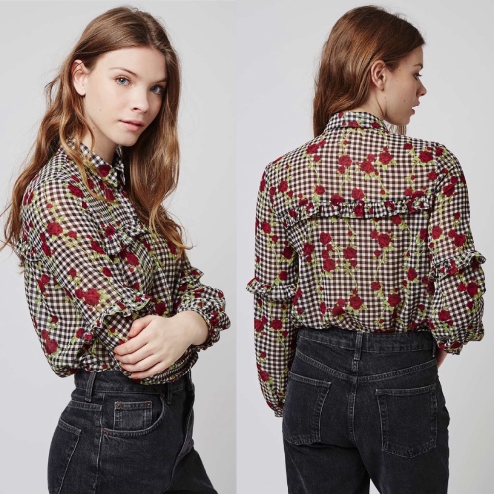 Topshop Gingham floral button down top